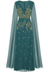 Thalia Green Embroidered Maxi Dress with Cape Sleeves